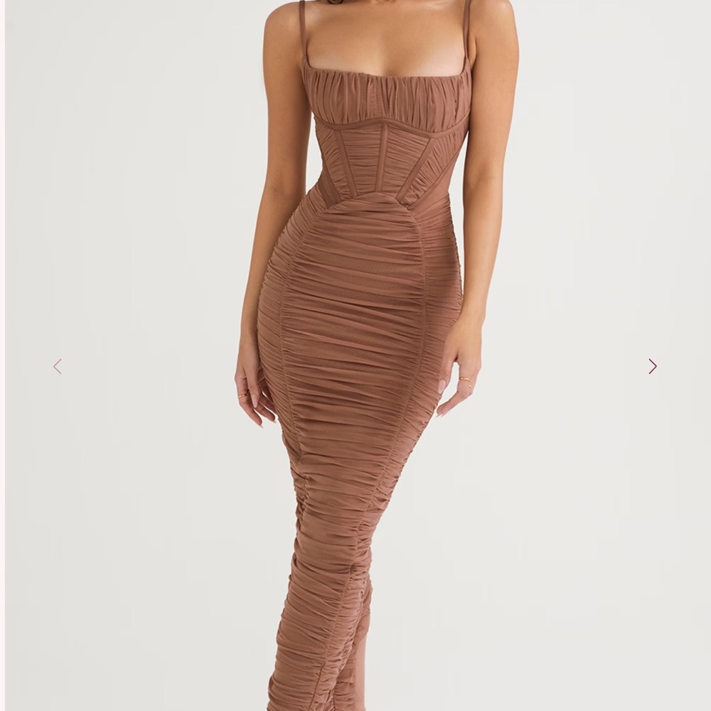 House of CB Lilian Brown Ruched Corset Maxi Dress